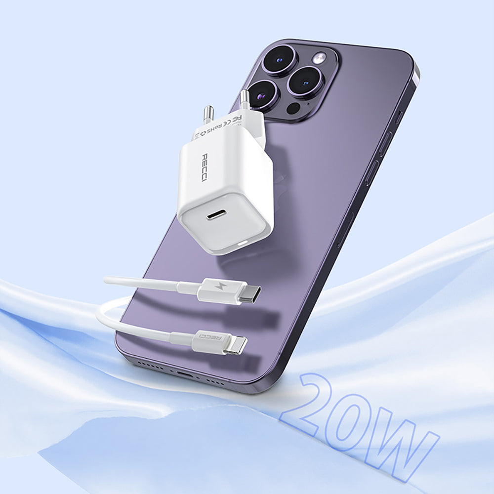 Recci RC65E Hızlı Şarj Başlığı Type-C to Lightning PD 20W Kablolu Şarj Seti Beyaz