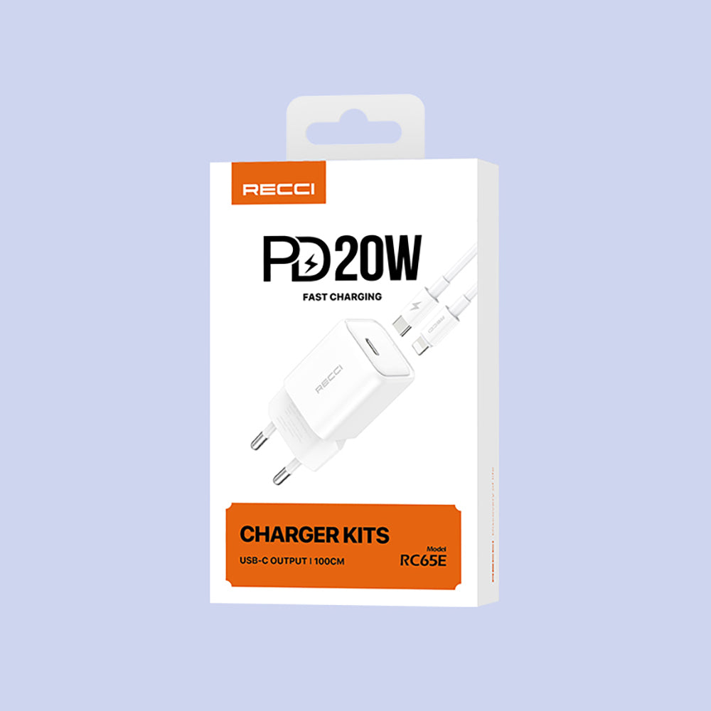 Recci RC65E Hızlı Şarj Başlığı Type-C to Lightning PD 20W Kablolu Şarj Seti Beyaz