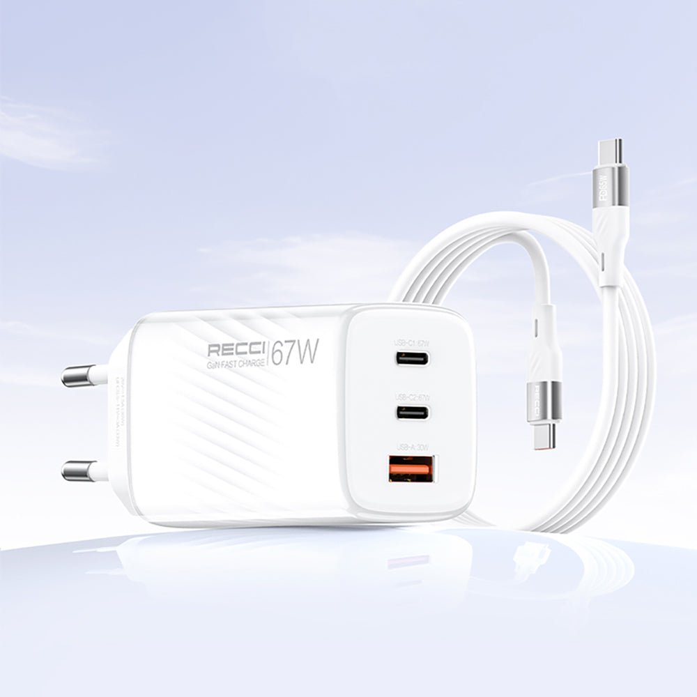 Recci RC85E GaN Teknolojili Hızlı Şarj Başlığı USB-A to Type-C PD 67W Kablolu Şarj Seti Beyaz