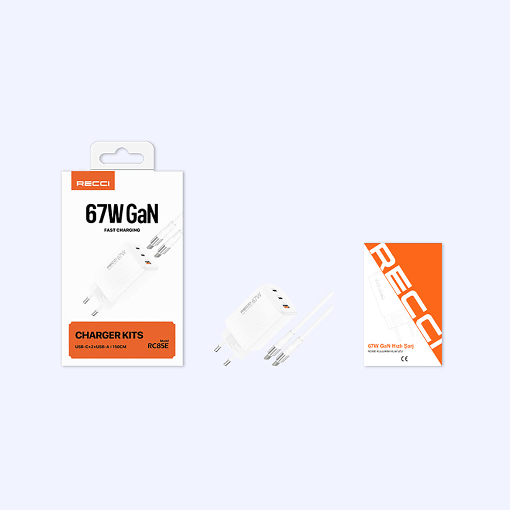 Recci RC85E GaN Teknolojili Hızlı Şarj Başlığı USB-A to Type-C PD 67W Kablolu Şarj Seti Beyaz