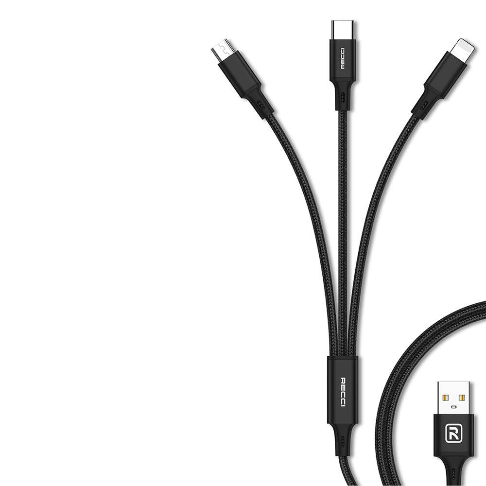 Recci RCS-D120 Fast Wind Serisi 3in1 USB-A to Lightning – Type-C – Micro Şarj ve Data Kablosu 1.2M Siyah