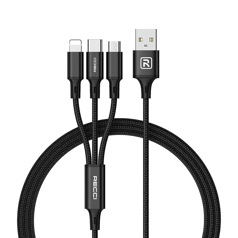 Recci RCS-D120 Fast Wind Serisi 3in1 USB-A to Lightning – Type-C – Micro Şarj ve Data Kablosu 1.2M Siyah
