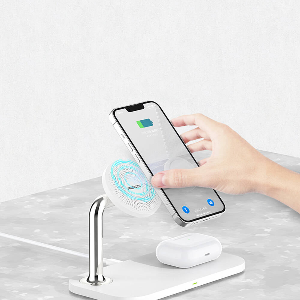 Recci RCW-20 Prestige Serisi 3in1 Magsafe 15W Hızlı Şarj Özellikli Magnetik Kablosuz Şarj Standı Beyaz