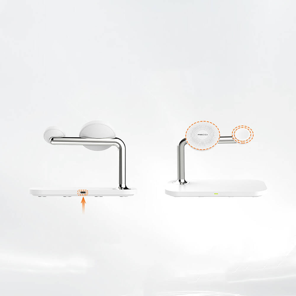 Recci RCW-20 Prestige Serisi 3in1 Magsafe 15W Hızlı Şarj Özellikli Magnetik Kablosuz Şarj Standı Beyaz