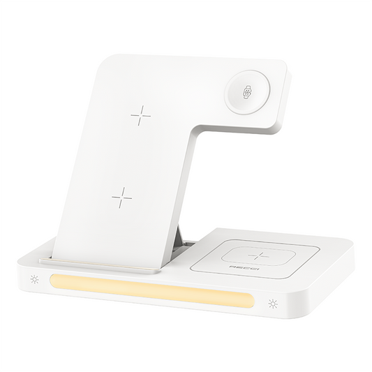 Recci RCW-31 4in1 Magsafe 15W Hızlı Şarj Özellikli LED Işıklı Magnetik Kablosuz Şarj Standı Beyaz