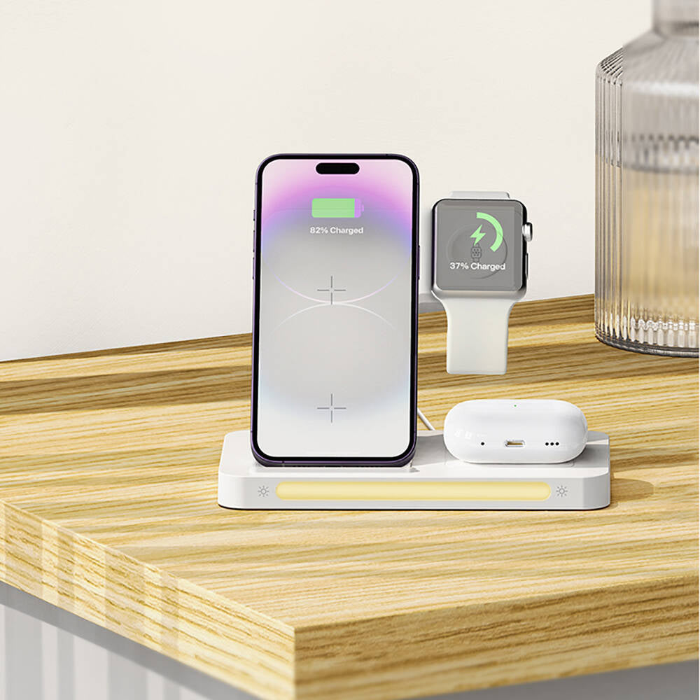 Recci RCW-31 4in1 Magsafe 15W Hızlı Şarj Özellikli LED Işıklı Magnetik Kablosuz Şarj Standı Beyaz