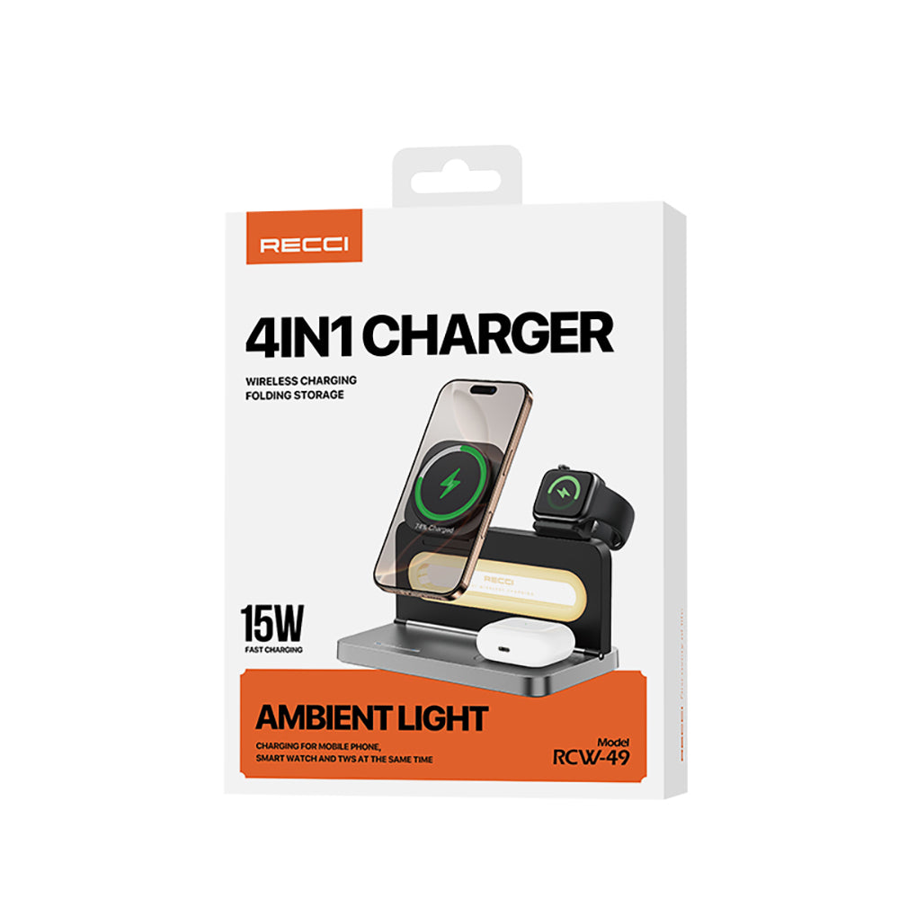 Recci RCW-49 Ambiyans Işıklı Telefon&Akıllı Saat&Kulaklık 15W 4in1 Kablosuz Şarj Standı Siyah