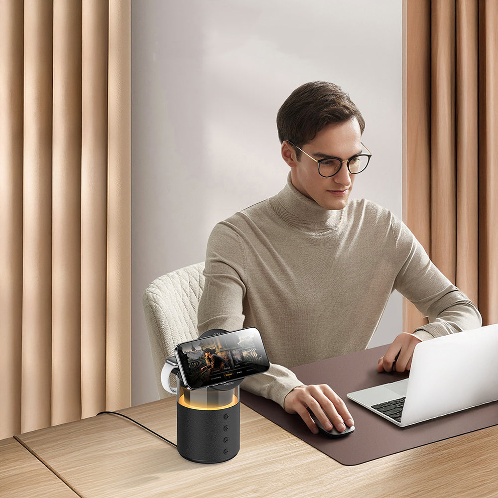 Recci RCW-51 Kablosuz Şarj Standı Ambiyans Işıklı Bluetooth Speaker Hoparlör Özellikli Siyah