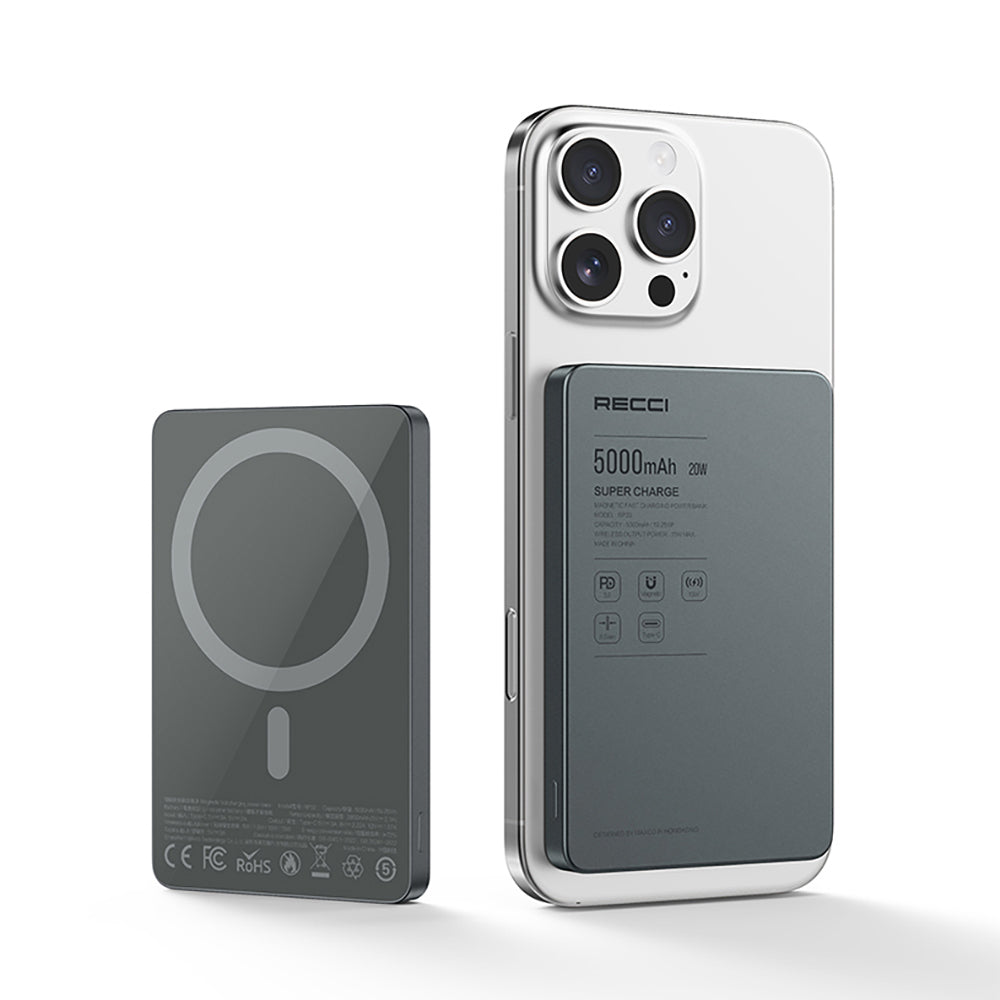 Recci RP33 PD 20W Ultra İnce Led Göstergeli Hızlı Şarj Özellikli Wireless Powerbank 15W 5000mAh Gri