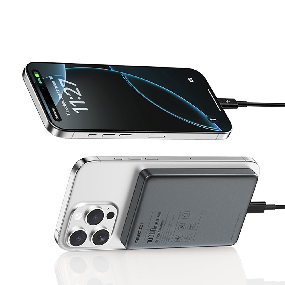 Recci RP35 PD 20W Led Göstergeli Hızlı Şarj Özellikli Wireless Powerbank 15W 10000mAh Gri