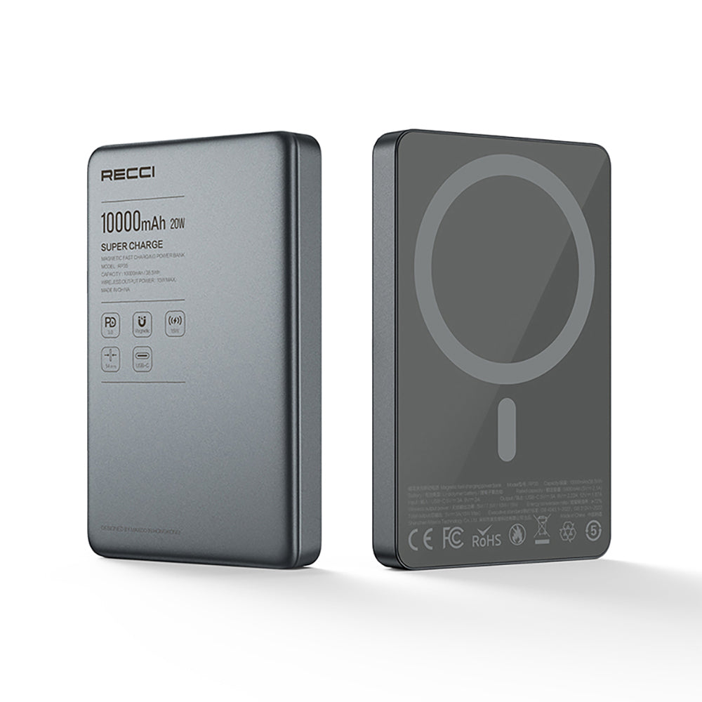 Recci RP35 PD 20W Led Göstergeli Hızlı Şarj Özellikli Wireless Powerbank 15W 10000mAh Gri