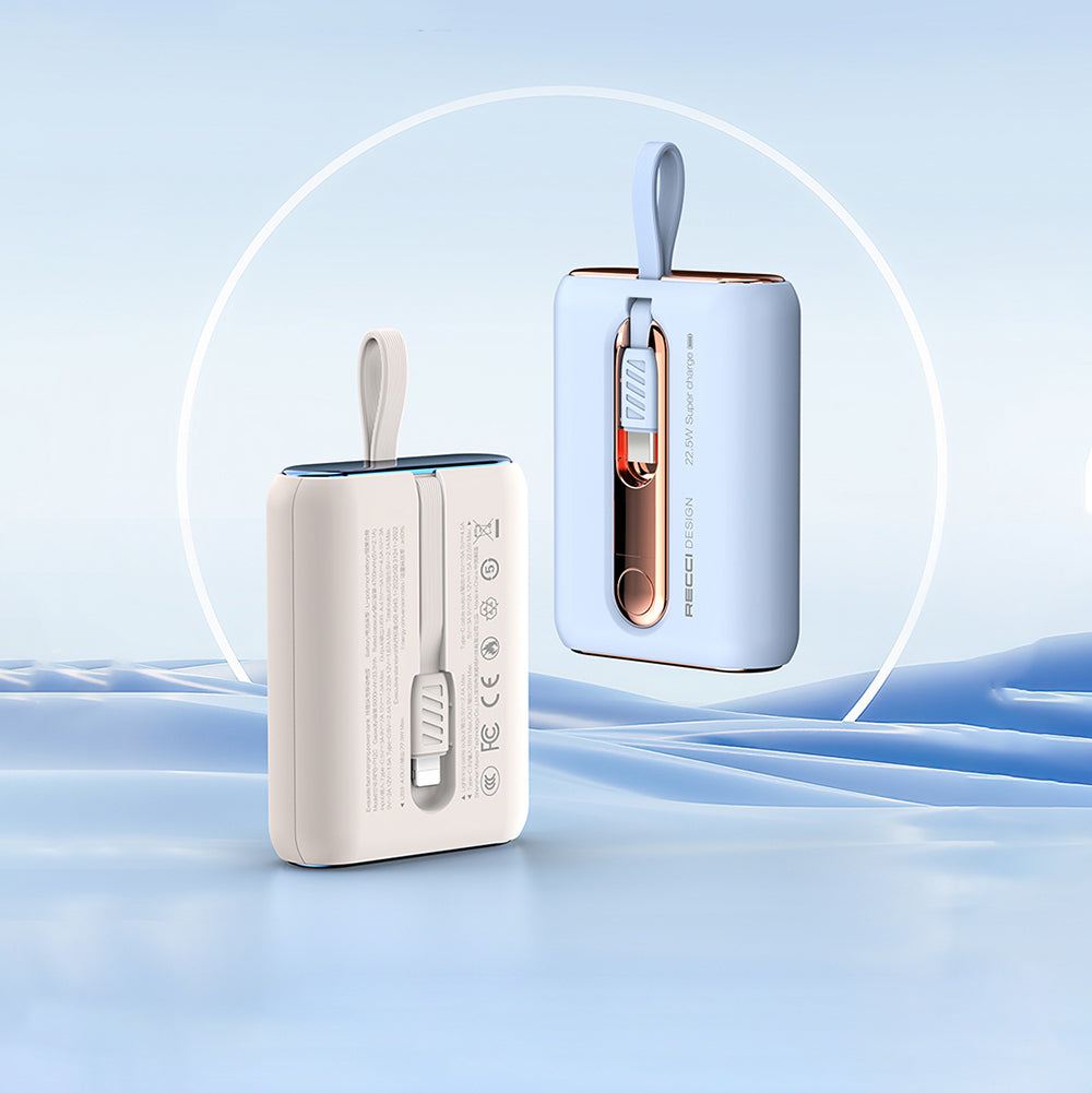 Recci RPB-P12C PD 20W Askı İpli Hızlı Şarj Özellikli Type-C Kablolu Powerbank 22.5W 9000mAh Mavi