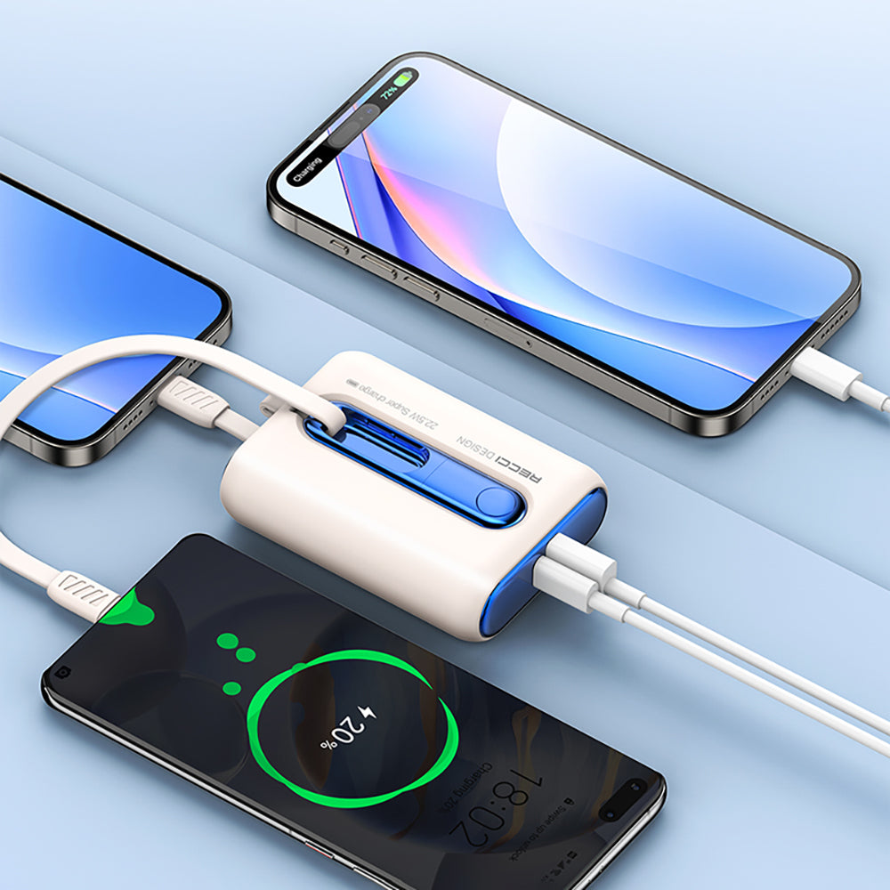 Recci RPB-P12C PD 20W Askı İpli Hızlı Şarj Özellikli Type-C Kablolu Powerbank 22.5W 9000mAh Beyaz