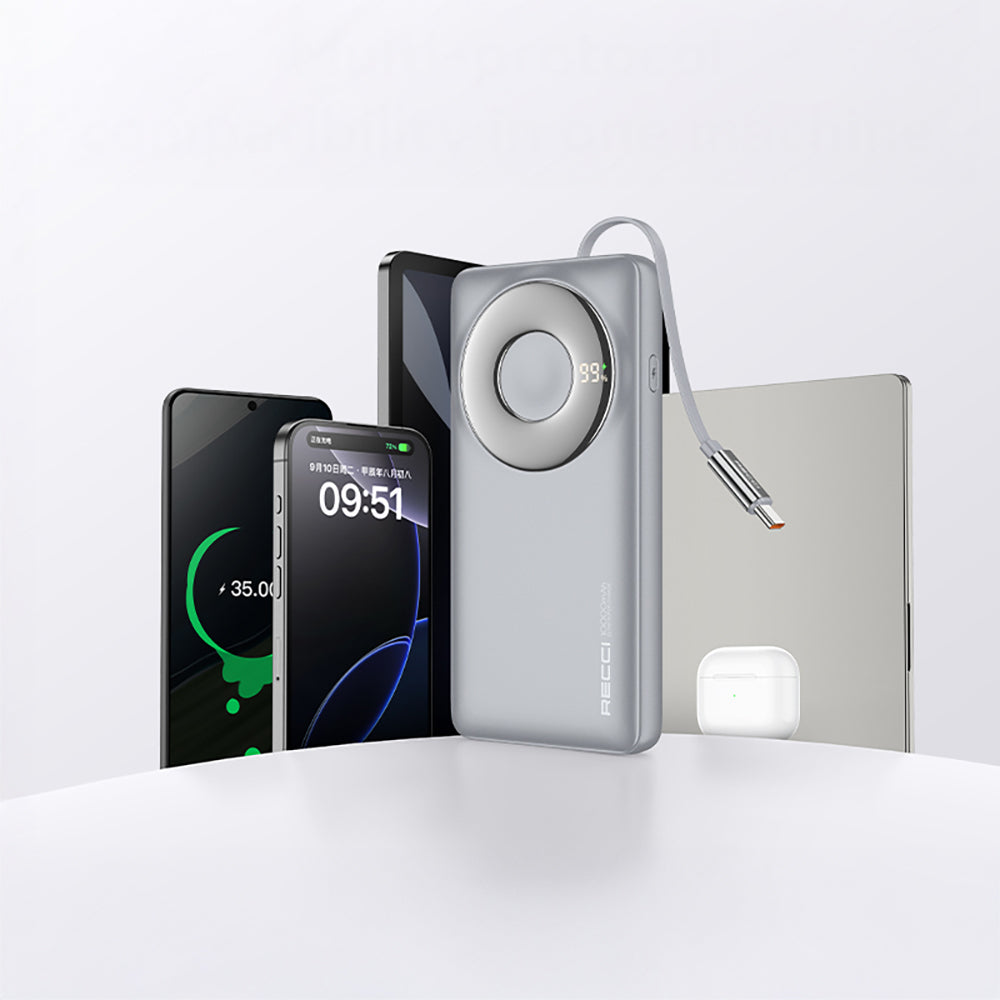 Recci RPB-P58 PD Hızlı Şarj Özellikli Type-C Kablolu Powerbank 22.5W 10.000mAh Gri