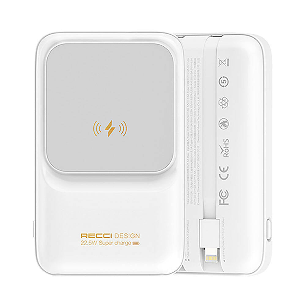 Recci RPB-W10 Polaris Serisi Çift Kablolu LED Dijital Göstergeli Wireless Powerbank 15W 10000mAh Beyaz