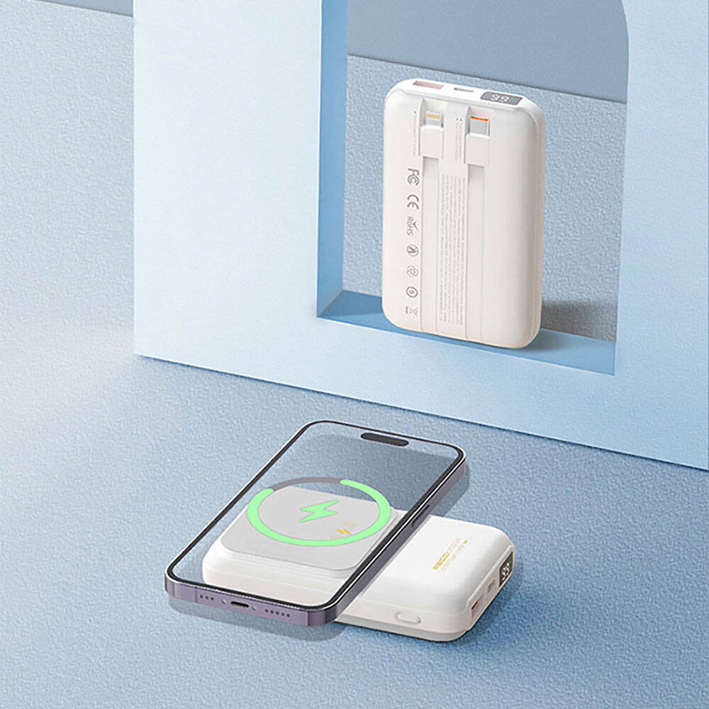 Recci RPB-W10 Polaris Serisi Çift Kablolu LED Dijital Göstergeli Wireless Powerbank 15W 10000mAh Beyaz
