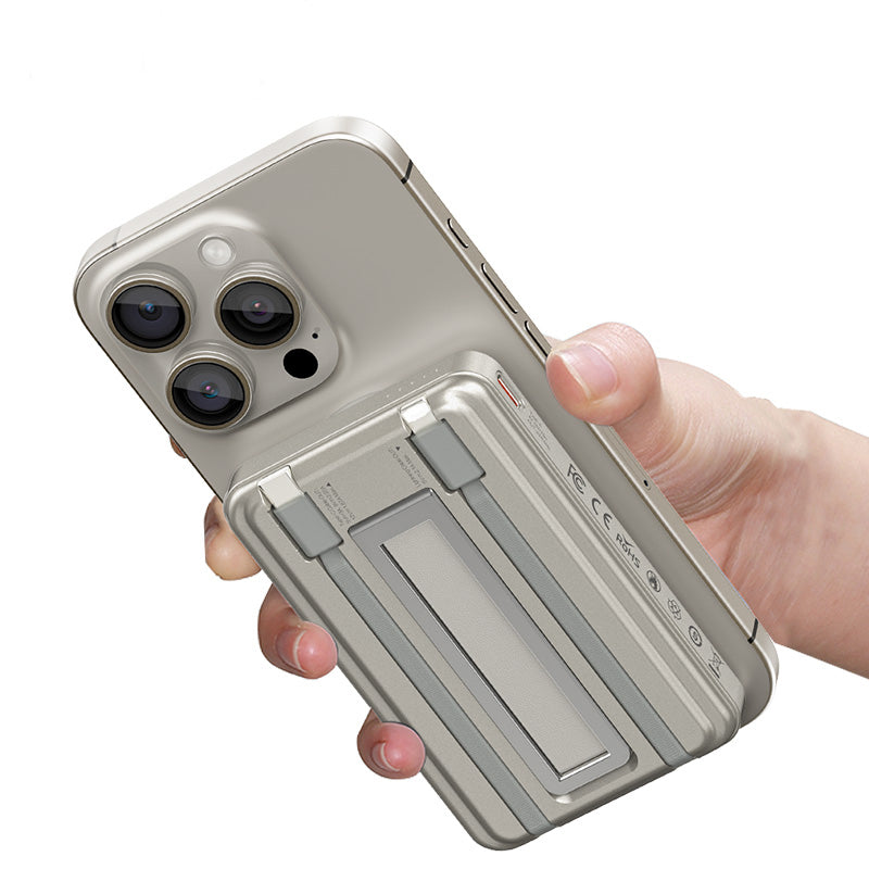 Recci RPB-W23 PD 20W Led Göstergeli Standlı Kablosuz Şarj Özellikli Type-C ve Lightning Kablolu Powerbank 15W 10000mAh Siyah