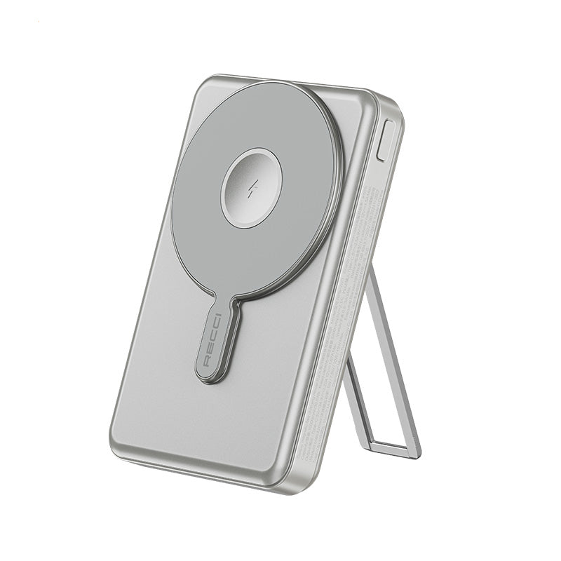 Recci RPB-W23 PD 20W Led Göstergeli Standlı Kablosuz Şarj Özellikli Type-C ve Lightning Kablolu Powerbank 15W 10000mAh Gold