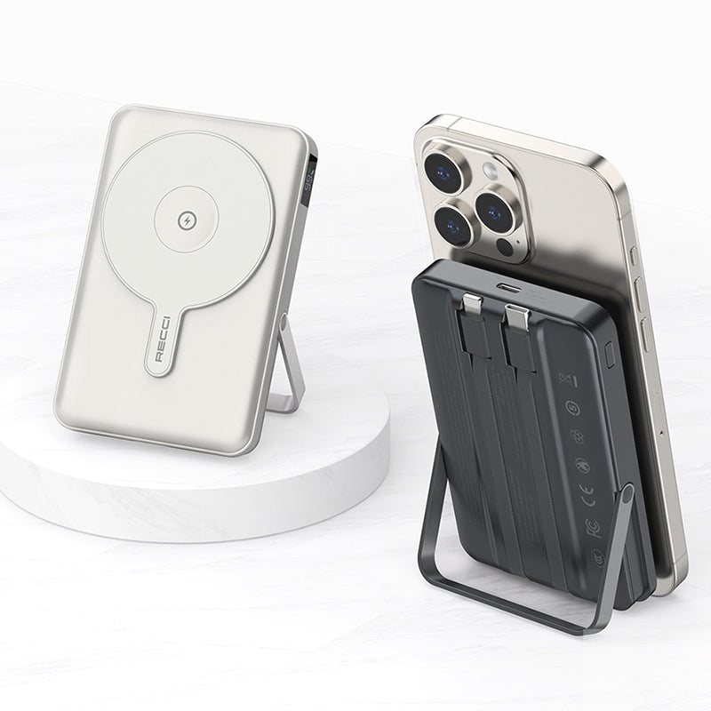 Recci RPB-W27 Galaxy Serisi Dijital LED Göstergeli Kablosuz Şarj Özellikli Type-C ve Lightning Kablolu Powerbank 20W 10.000mAh Siyah
