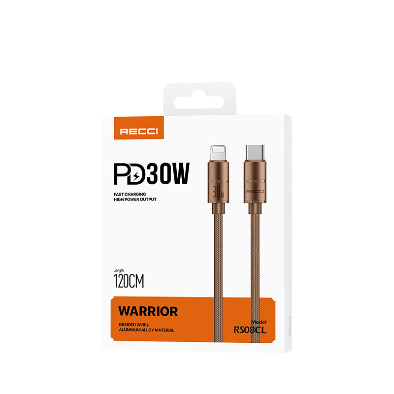 Recci RS08CL Warrior Serisi Type-C to Lightning 30W Hızlı Şarj Özellikli Data ve Şarj Kablosu 1.2M Desert Gold
