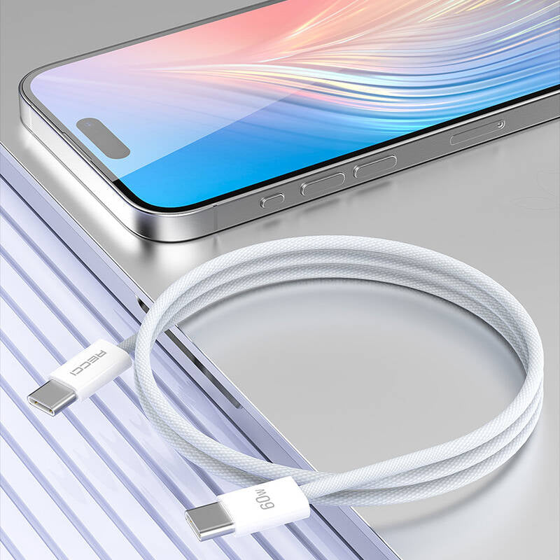 Recci RS13CC Nature Serisi 60W Hızlı Şarj Özellikli Type-C To Type-C PD Kablo 1.2M Beyaz