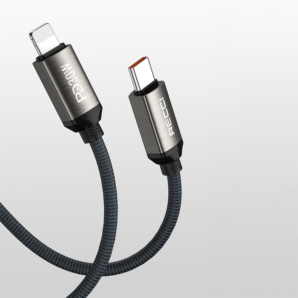 Recci RS35CL Type-C to Lightning PD 30W Örgü Tasarımlı Hızlı Şarj Özellikli Data ve Şarj Kablosu 1M Gri