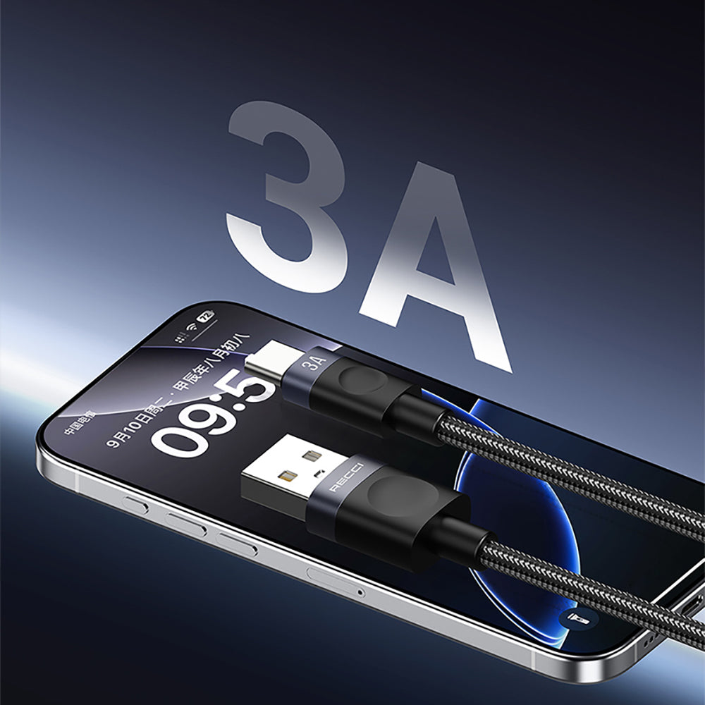 Recci RS50C USB-A to Type-C Örgü Tasarımlı Hızlı Şarj Özellikli Data ve Şarj Kablosu 1M Siyah