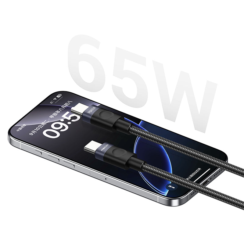 Recci RS50CC Type-C to Type-C PD Örgü Tasarımlı Hızlı Şarj Özellikli Data ve Şarj Kablosu 65W 1M Siyah