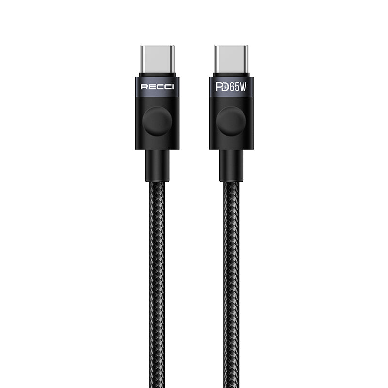 Recci RS50CC Type-C to Type-C PD Örgü Tasarımlı Hızlı Şarj Özellikli Data ve Şarj Kablosu 65W 1M Siyah