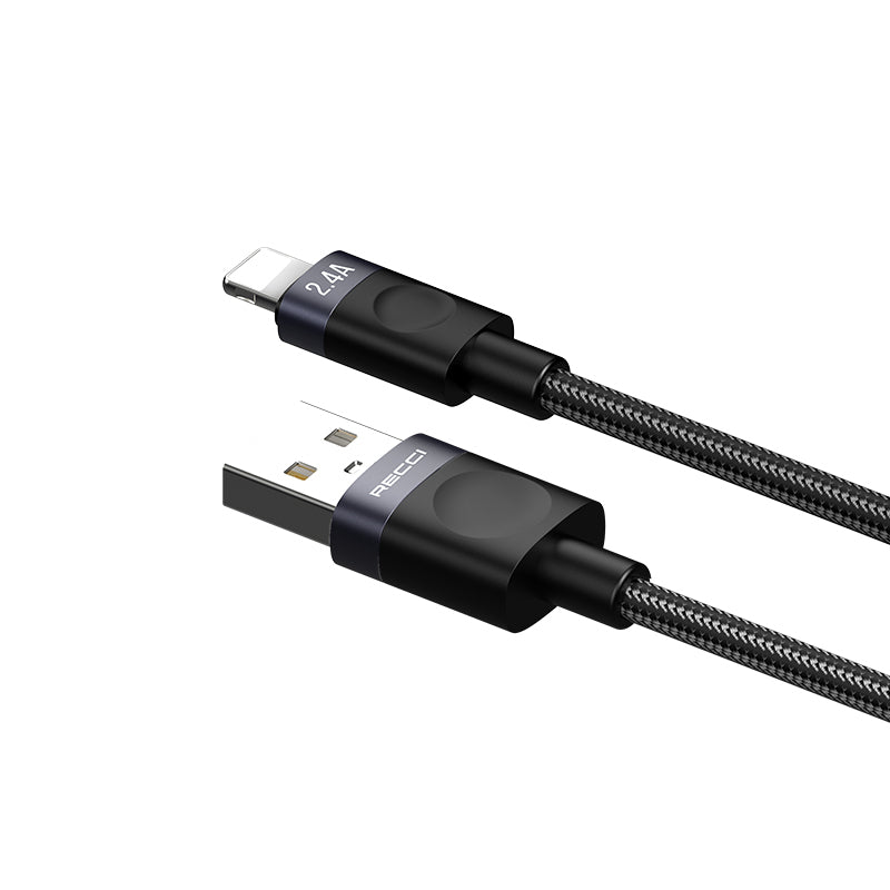 Recci RS50L USB-A to Lightning Örgü Tasarımlı Hızlı Şarj Özellikli Data ve Şarj Kablosu 1M Siyah