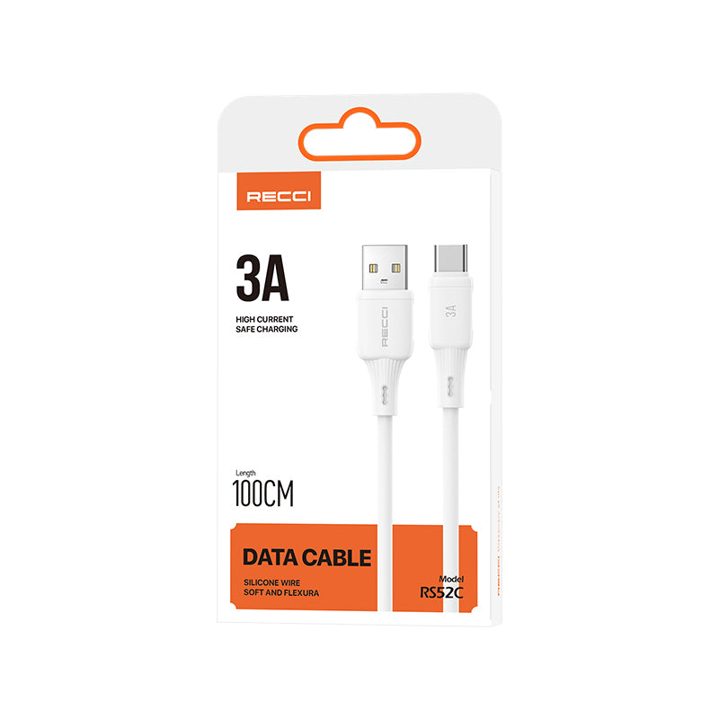 Recci RS52C USB-A to Type-C 3A Hızlı Şarj Özellikli Data ve Şarj Kablosu 1M Beyaz