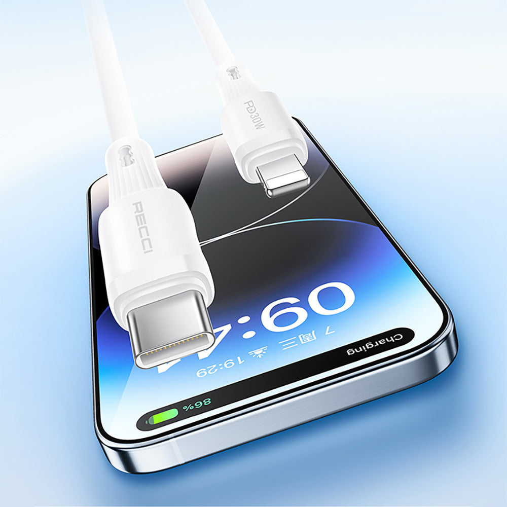 Recci RS52CL Type-C to Lightning PD Hızlı Şarj Özellikli Data ve Şarj Kablosu 30W 1M Beyaz