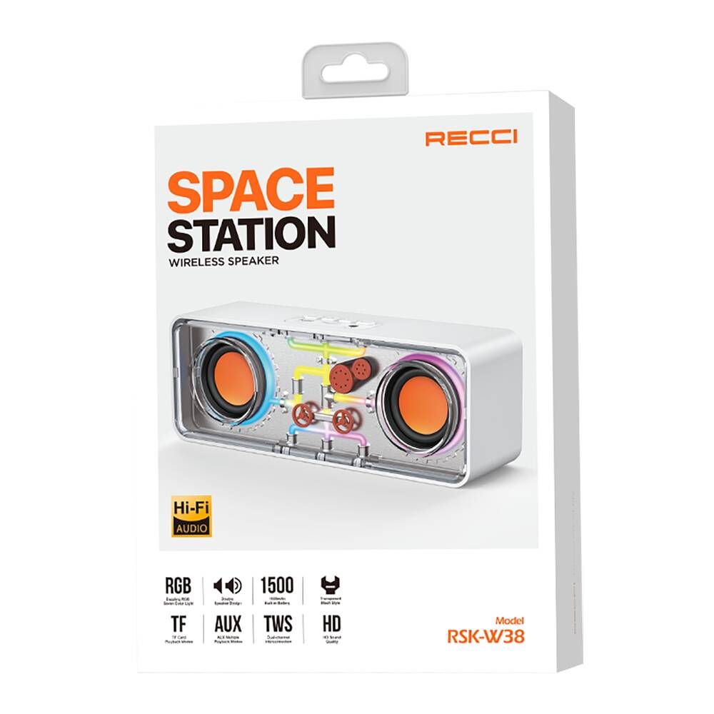 Recci RSK-W38 Space Station Serisi RGB Led Işıklı Bluetooth Hoparlör FM Radio Özellikli Siyah