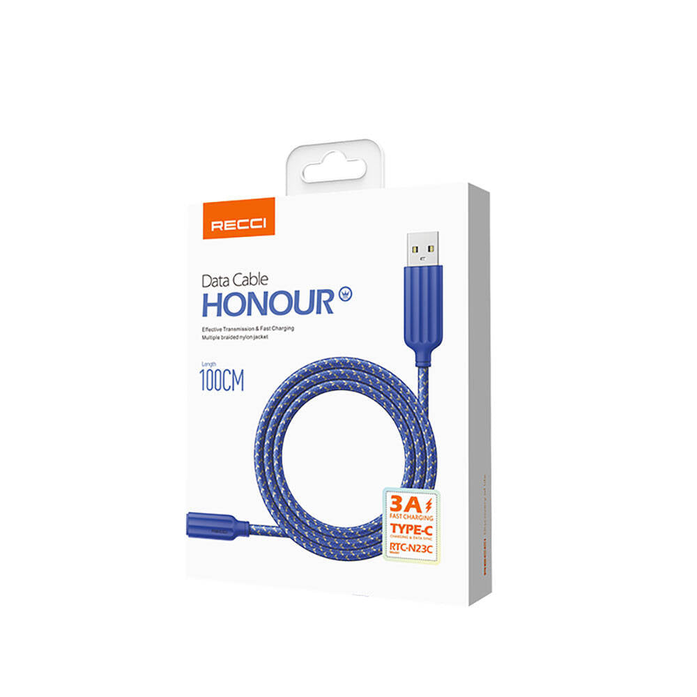 Recci RTC-N23C 3A Hızlı Şarj Özellikli Type-C to USB-A Kablo 1M Mavi