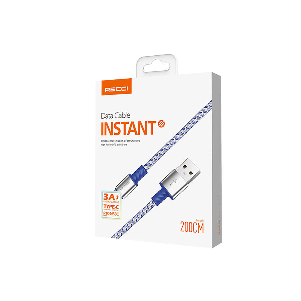 Recci RTC-N33C Instant Serisi USB-A to Type-C 3A Hızlı Şarj Özellikli Şarj ve Data Kablosu 2M Gümüş