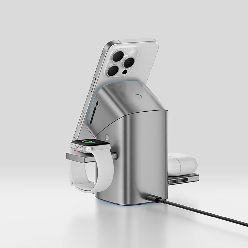Recci RW05 Qi2 Şarj Teknolojili Ambiyans Işıklı Telefon&Akıllı Saat&Kulaklık 15W 3in1 Kablosuz Şarj Standı Gri