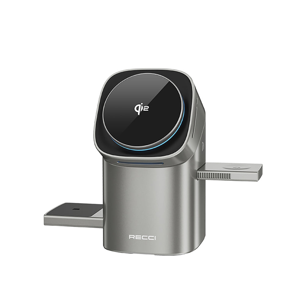 Recci RW05 Qi2 Şarj Teknolojili Ambiyans Işıklı Telefon&Akıllı Saat&Kulaklık 15W 3in1 Kablosuz Şarj Standı Gri
