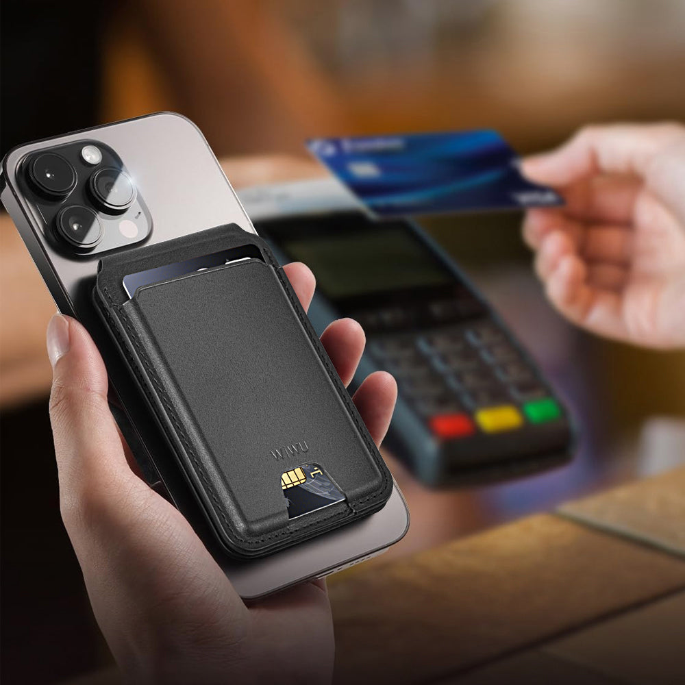 Wiwu MW-005 Magnetik Standlı Kartlık Qi Kablosuz Şarj Uyumlu FindMy Özellikli Mag Wallet Kahverengi
