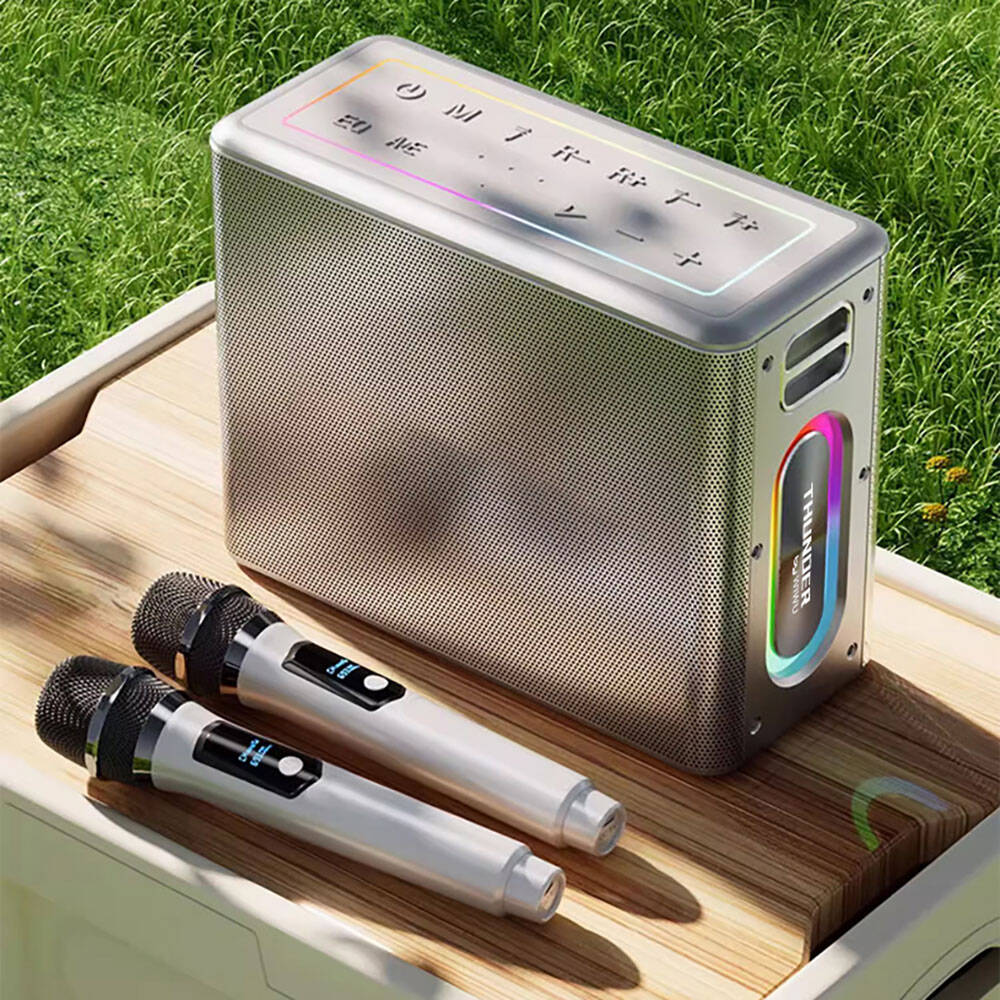 Wiwu P19 Thunder Bluetooth Speaker Hoparlör ve Karaoke Bluetooth Çift Mikrofon Gümüş