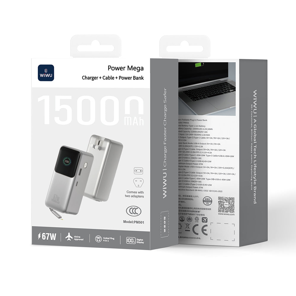 Wiwu PM-501 Power Mega Serisi Type-C Çıkışlı Taşınabilir Powerbank PD 67W 15000mAh