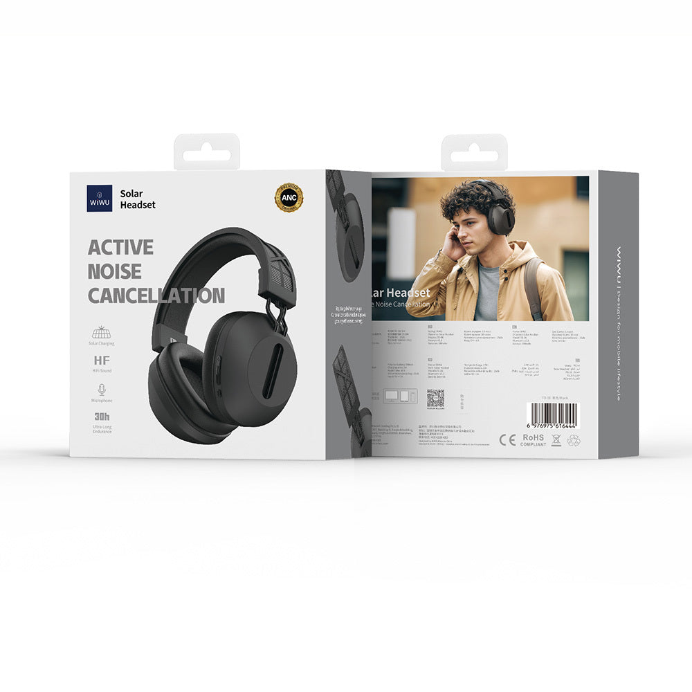Wiwu TD-06 Solar Enerjili ANC Özellikli Çift Cihaz Destekli Ayarlanabilir Kulak Üstü Bluetooth v5.3 Kulaklık Siyah