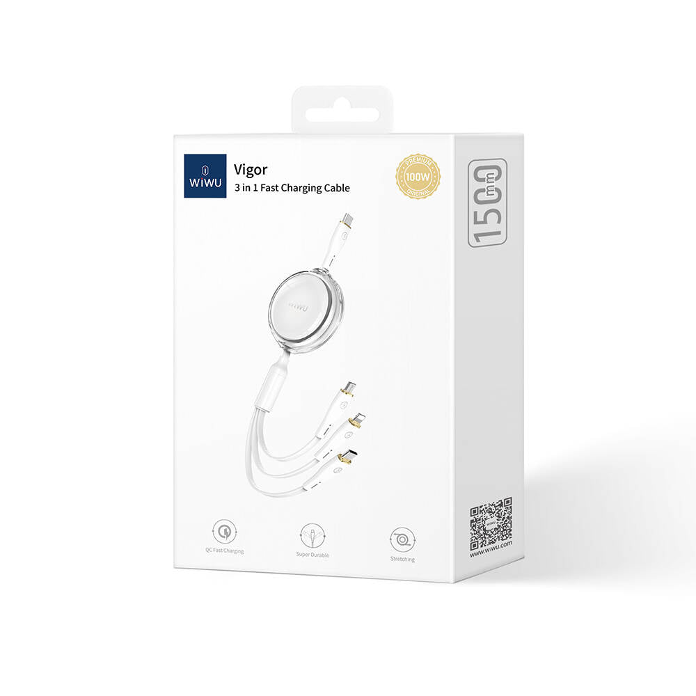 Wiwu Wi-C023 Vigor Serisi 3in1 Type-C Lightning Micro USB Makaralı Data ve Şarj Kablosu 100W 1.5M Mavi