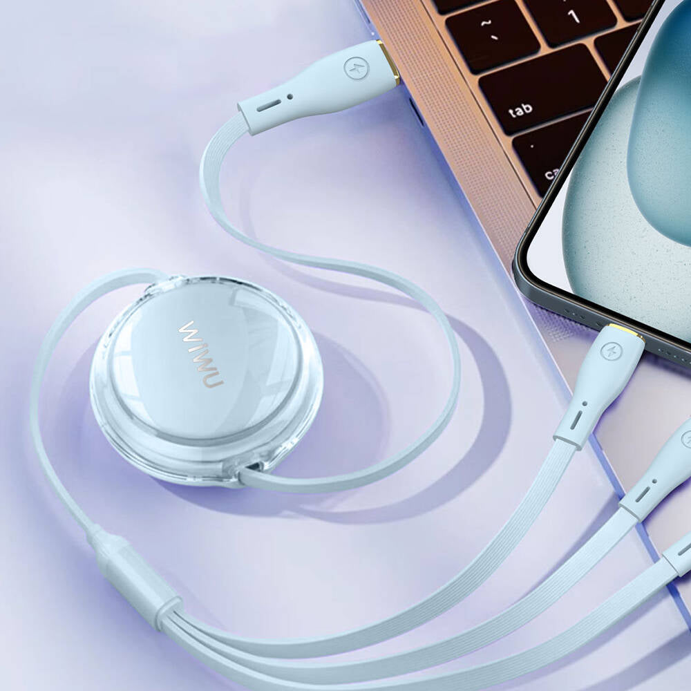 Wiwu Wi-C023 Vigor Serisi 3in1 Type-C Lightning Micro USB Makaralı Data ve Şarj Kablosu 100W 1.5M Mavi