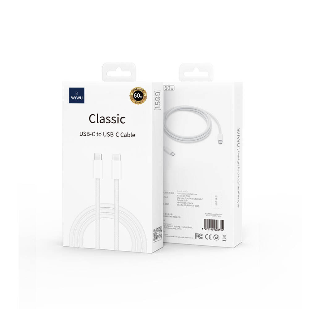 Wiwu Wi-C032 Classic Serisi 60W Hızlı Şarj Özellikli Type-C to Type-C Kablo 1.5M Beyaz
