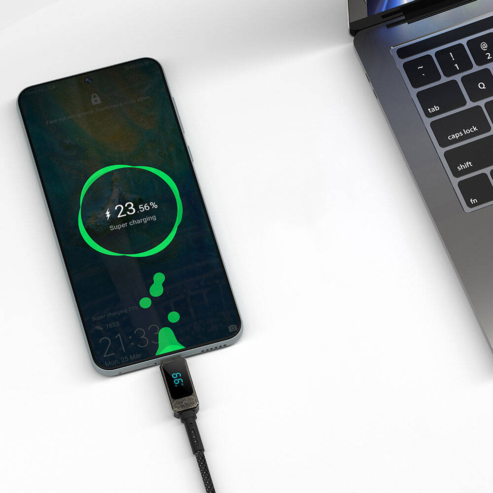 Wiwu Wi-C038 Titan Serisi USB-A to Type-C 6A 66W LED Dijital Göstergeli Şarj ve Data Kablosu 1.2M Siyah