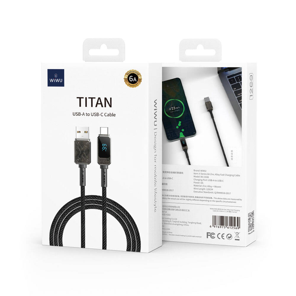 Wiwu Wi-C038 Titan Serisi USB-A to Type-C 6A 66W LED Dijital Göstergeli Şarj ve Data Kablosu 1.2M Siyah