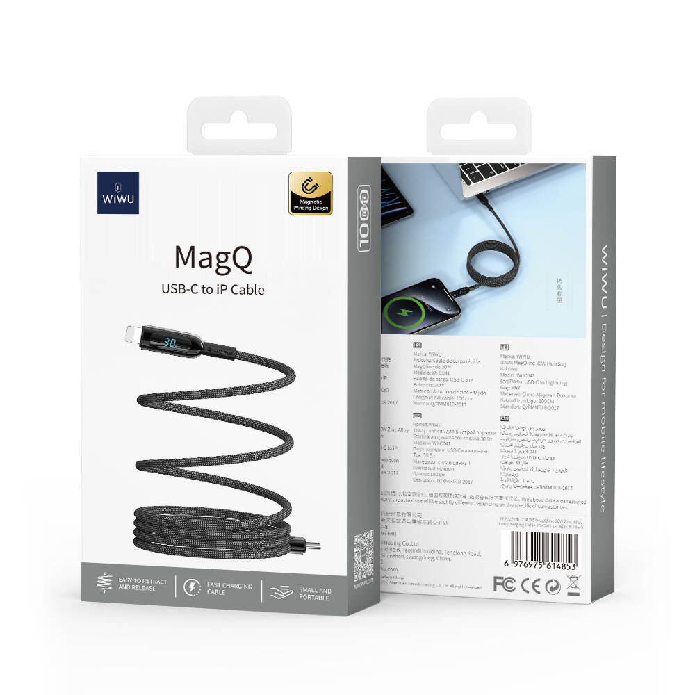 Wiwu Wi-C041 MagQ Çinko Alaşımlı Type-C to Lightning Hızlı Şarj Özellikli Data ve Şarj Kablosu 30W Siyah