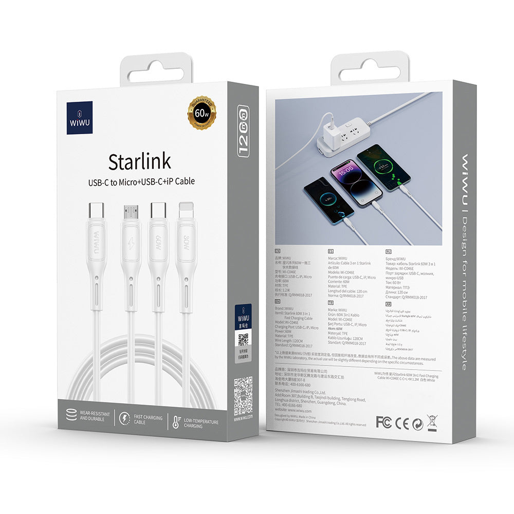 Wiwu Wi-C046E Starlink Serisi 3in1 USB-A to Lightning – Type-C – Micro Şarj ve Data Kablosu 60W 1.2M Siyah