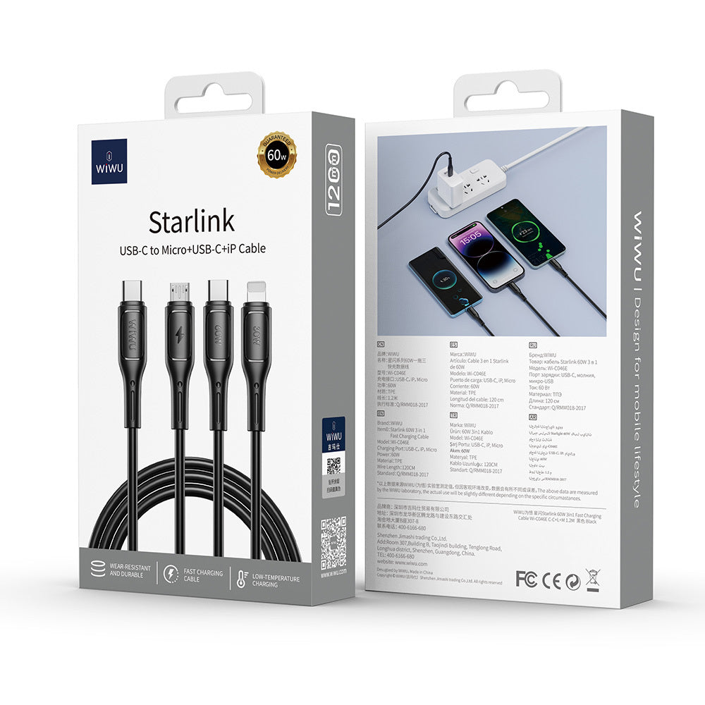 Wiwu Wi-C046E Starlink Serisi 3in1 USB-A to Lightning – Type-C – Micro Şarj ve Data Kablosu 60W 1.2M Beyaz