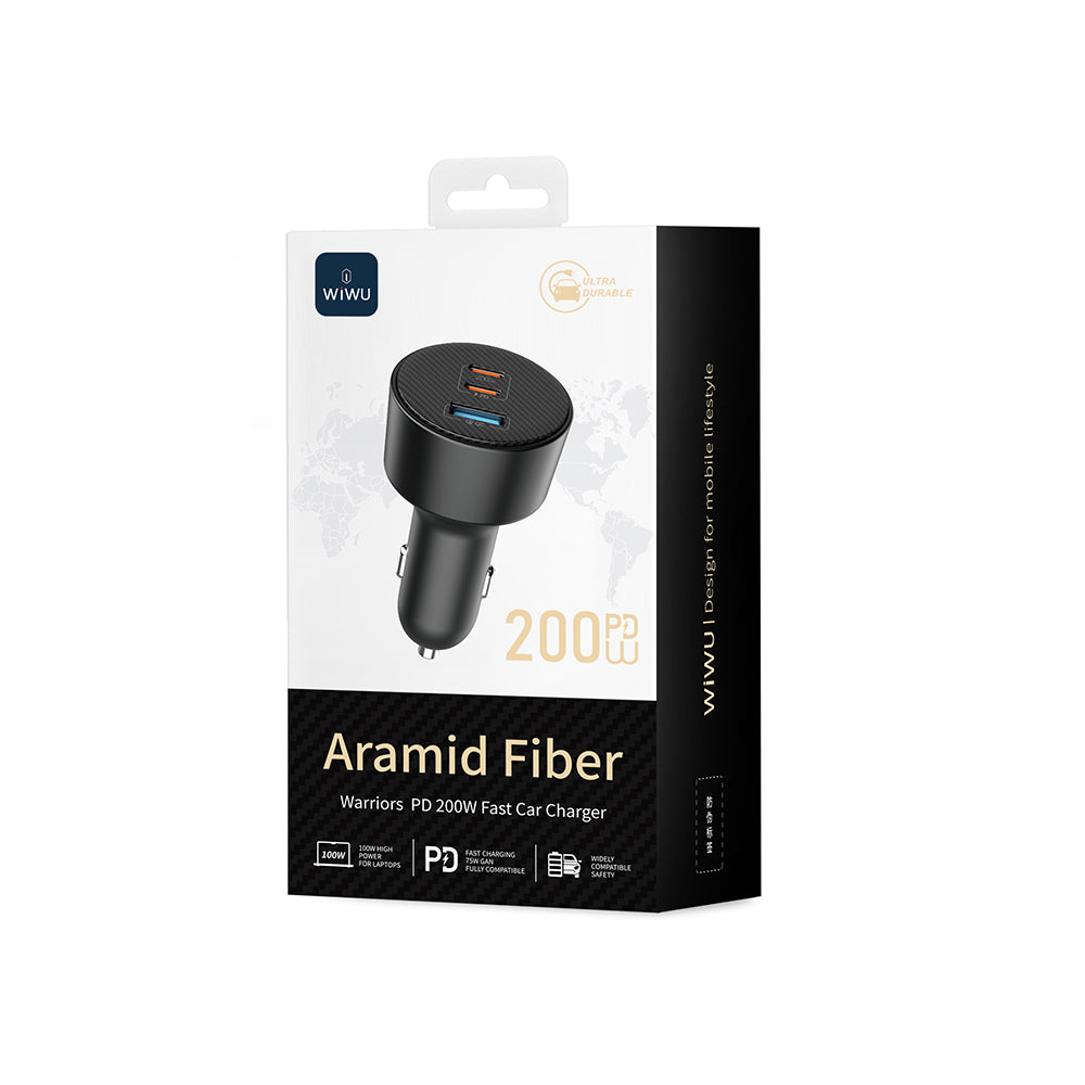Wiwu Wi-CC026 Hızlı Şarj Özellikli PD Type-C + USB-A Portlu Aramid Fiber Araç Şarj Aleti 200W Siyah